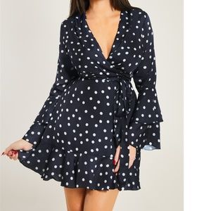 Mabel Black Wrap Spot Satin Dress With Frill Hem